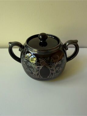Black Glass Lidded Sugar Bowl with Silver Scroll Design